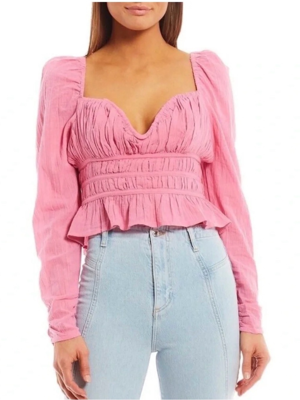 Free People Pink Ruched Square-Neck Peplum Blouse